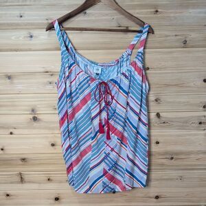 CAbi Top Womens Large Red Blue #5230 Tassel Tank Inline Print NWT